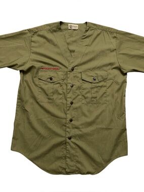 Vintage 70s BSA Boy Scouts of America Official Button Shirt V-Neck Green Adult M
